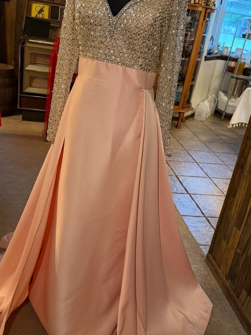 Terani Couture Beaded Bodice Long Sleeve Evening Gown in Blush and Gold